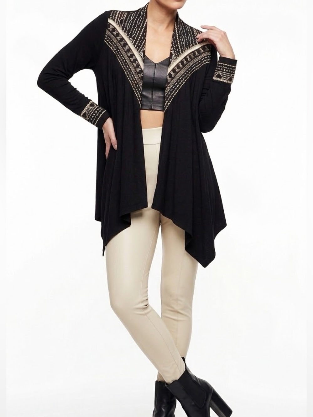 LUCKY BLISS Black Open-Front Cardigan Sweater w Cream Embroidered Trim — #LHP